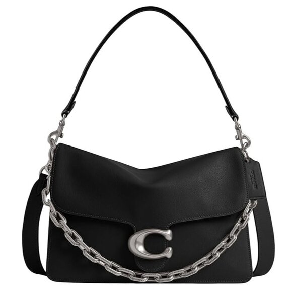 💥NWT! COACH Chain Tabby 30 Black & Silver Full Grain Leather Shoulder Bag CY920 - Picture 1 of 16
